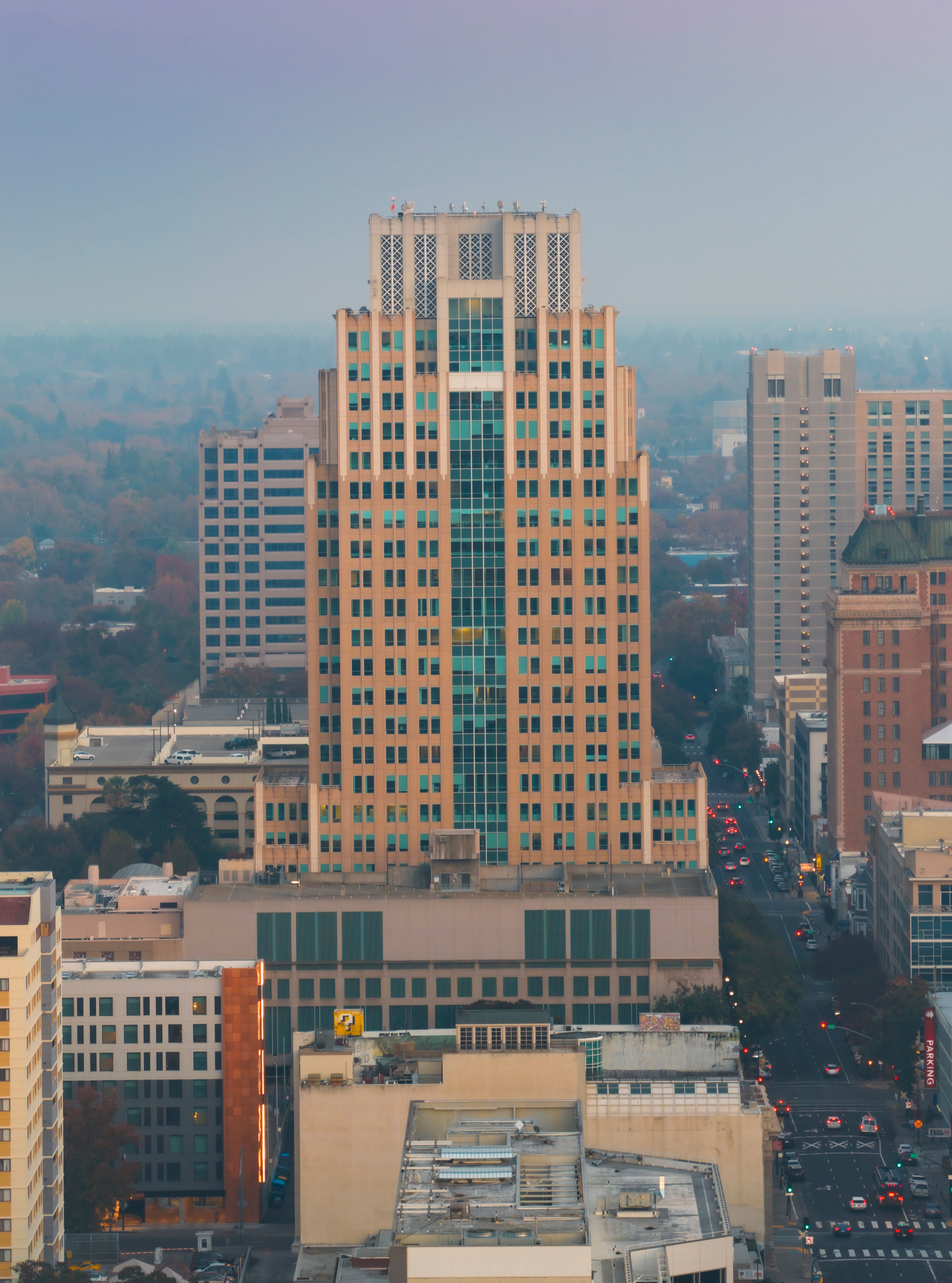 Aerial view of Sacramento skyline featuring the iconic downtown buildings at twilight.