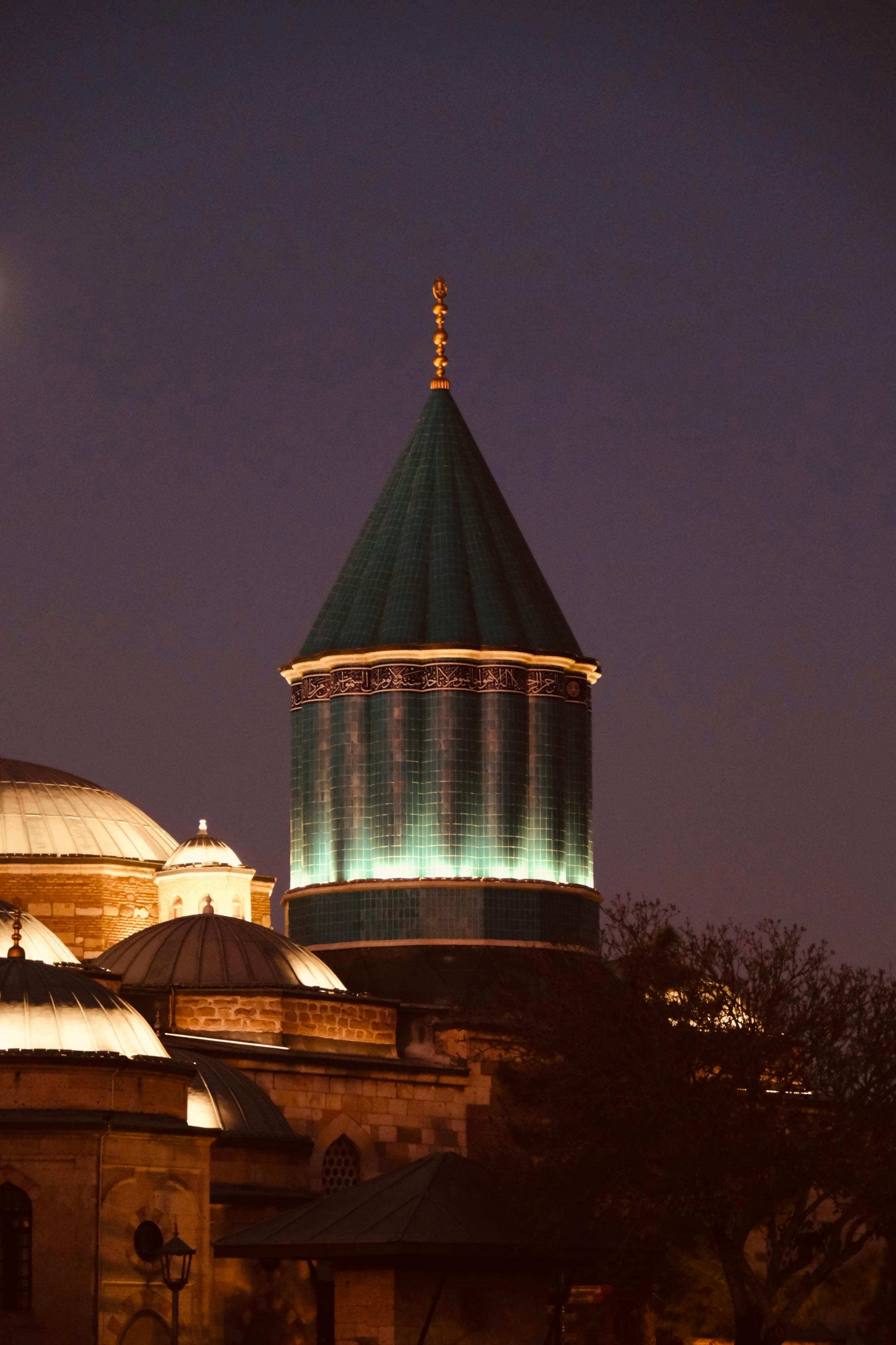 Beautiful night view of the illuminated Mevlana Museum's dome, Konya, Turkey.