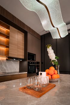 Elegant kitchen interior featuring a marble countertop, modern lighting, and a decorative fruit bowl.