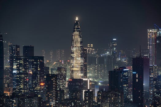 Night view of Shenzhen skyline featuring brightly lit skyscrapers in a bustling cityscape.