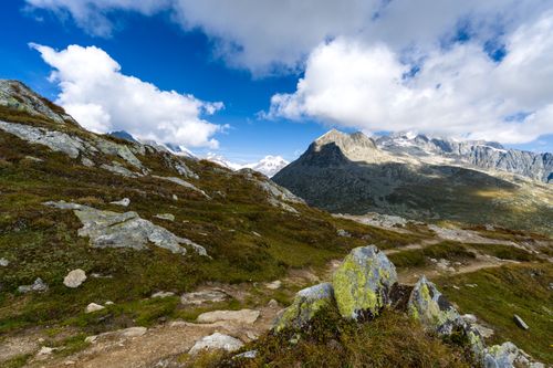 Free A breathtaking view of the Swiss Alps with rocky terrain and lush greenery under a bright blue sky. Stock Photo