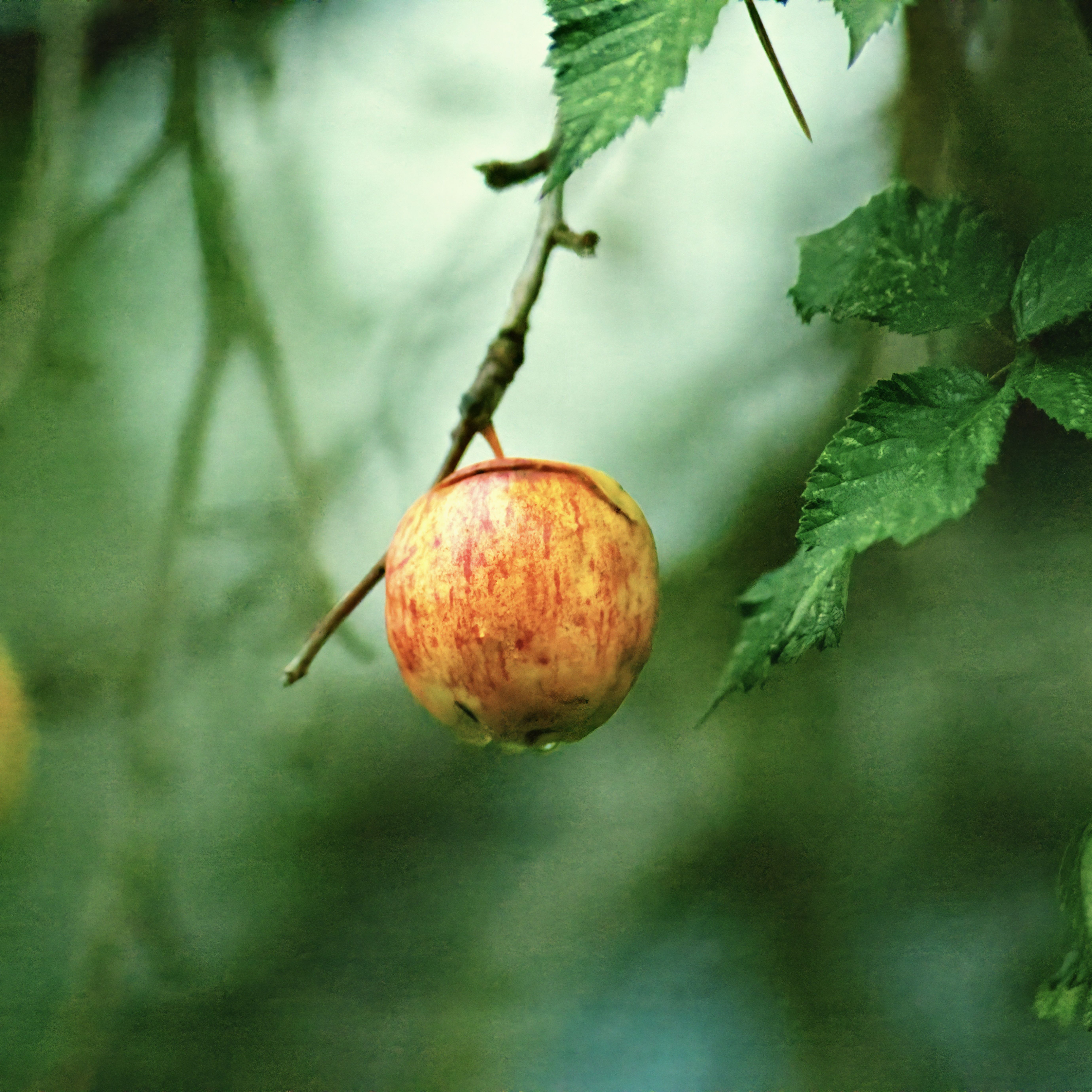 Close-up of a single ripe apple hanging from a tree branch with green leaves in a natural setting.