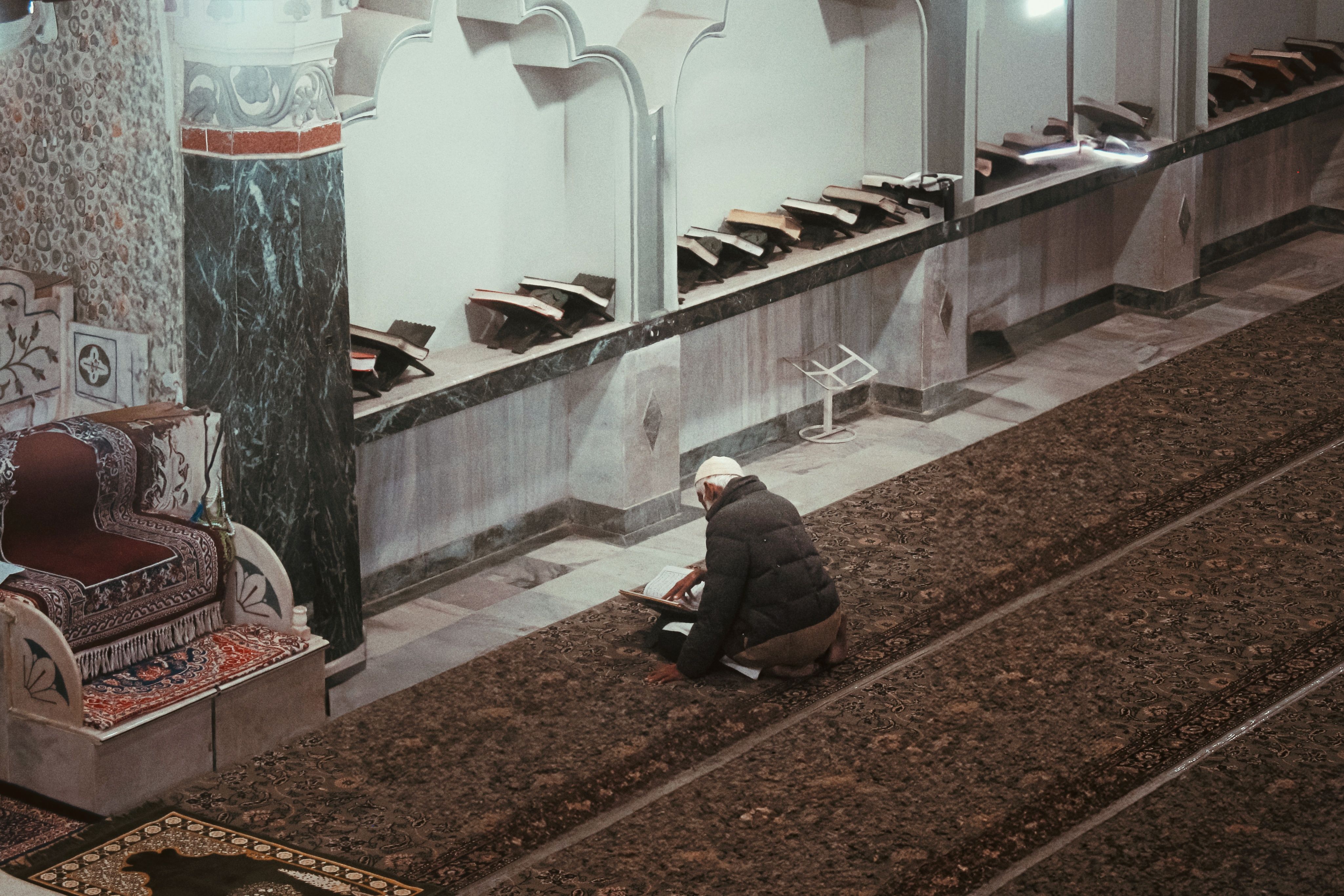 Interior of a mosque with rows for study