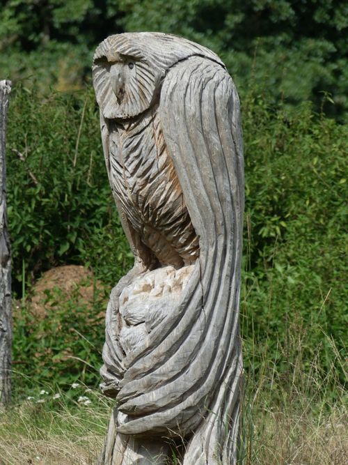 Free A detailed owl carving crafted from wood, surrounded by lush greenery outdoors. Stock Photo
