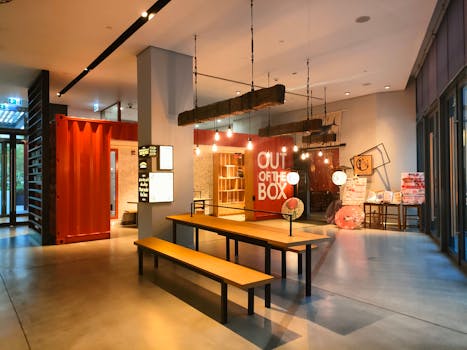 A stylish interior with creative lighting and colorful industrial elements.