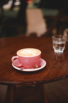 A warm latte in a pink cup on a cafe table, perfect for relaxing.