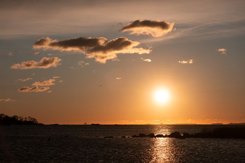 Free Beautiful sunrise over the tranquil waters of Cove Island Park in Stamford, Connecticut, with golden skies. Stock Photo