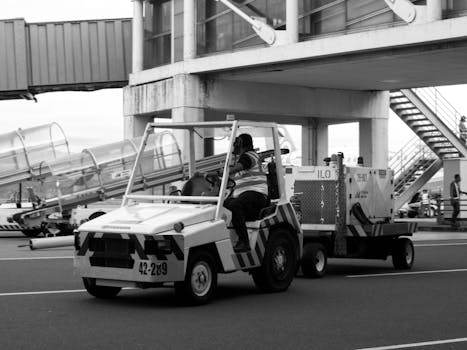 Black and white photo of airport ground operations showcasing a tug vehicle in action.