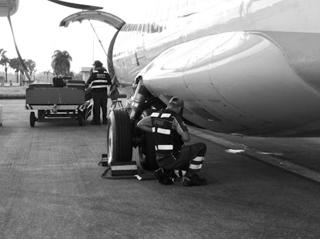 Black and white photo of a ground crew performing aircraft maintenance on the tarmac.