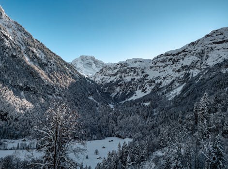 Breathtaking view of snowcapped mountains in Glarus Valley, Switzerland, showcasing winter's beauty.
