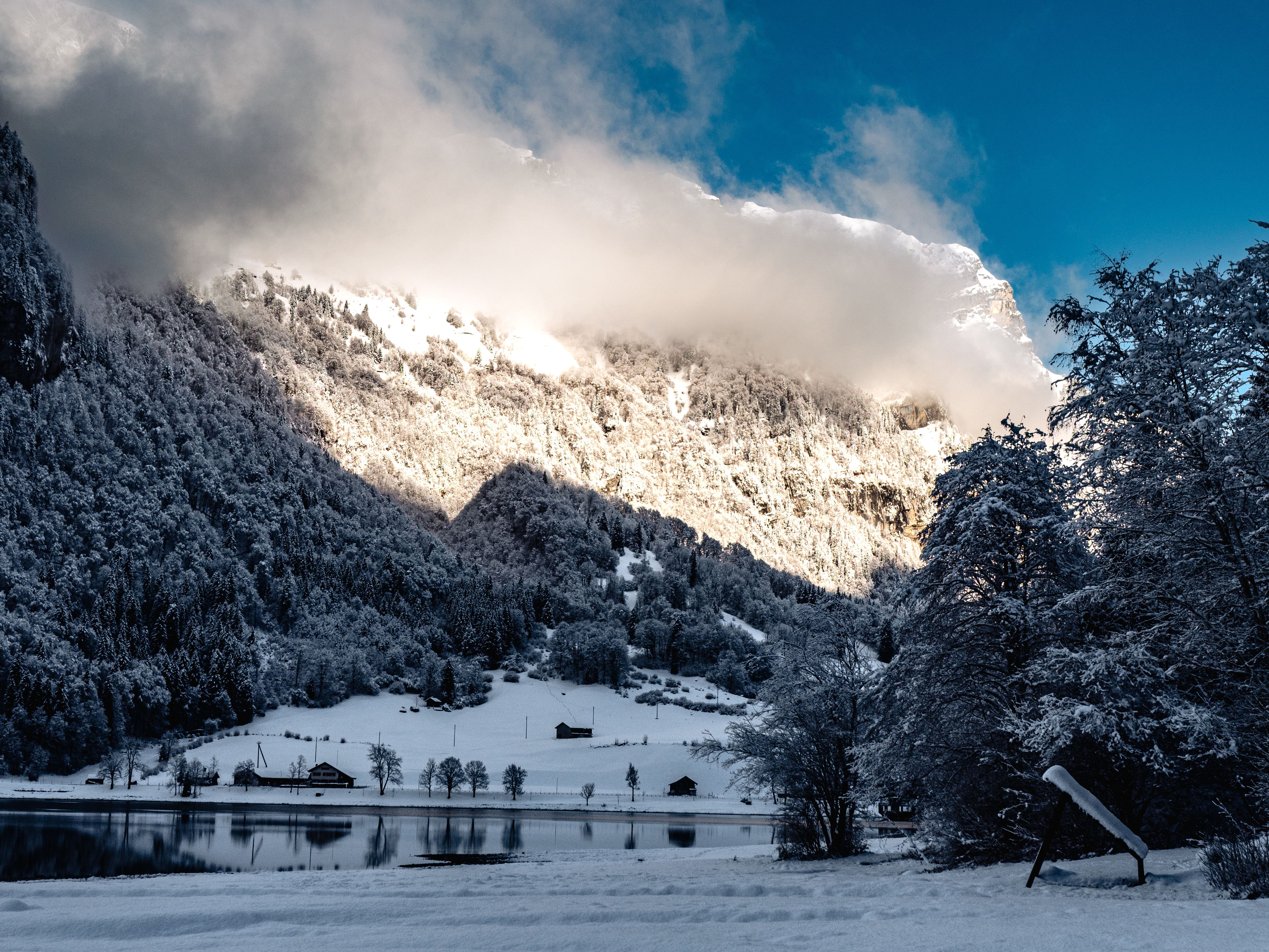 Scenic winter view of snow-covered mountains and trees in Glarus, Switzerland.