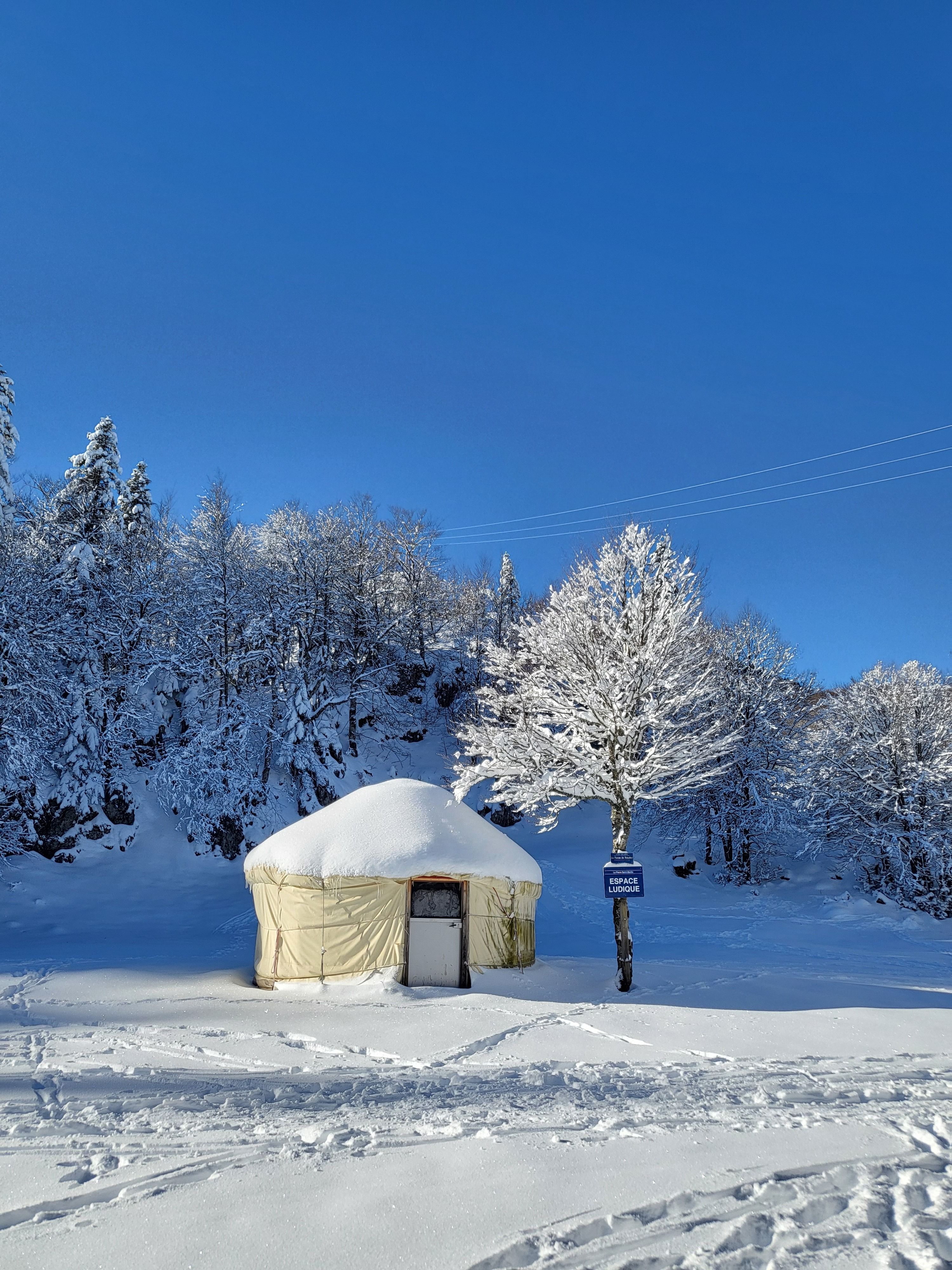 Idyllic snowy scene with a yurt under a clear blue sky, surrounded by frosty trees.