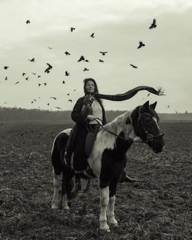A woman rides a horse in a field with birds flying above, creating a serene scene.