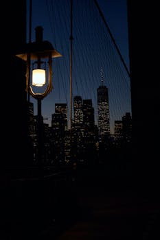 Dramatic night cityscape of New York skyline and bridge lamp.