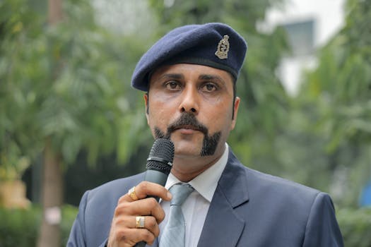 A uniformed officer with a microphone outdoors, wearing a navy hat and suit.