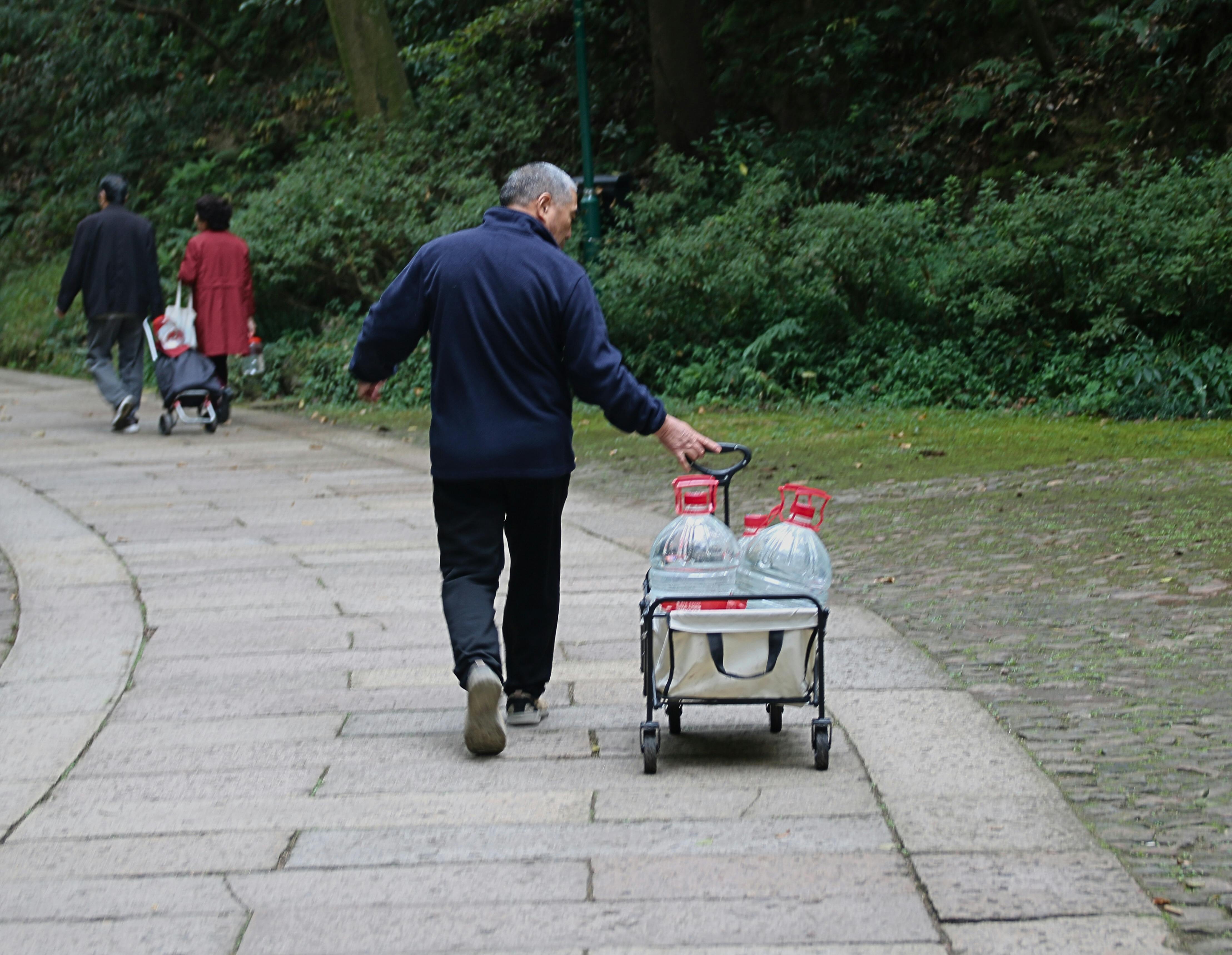 Elderly man pushes cart in Hupao Park, Hangzhou, surrounded by lush greenery.
