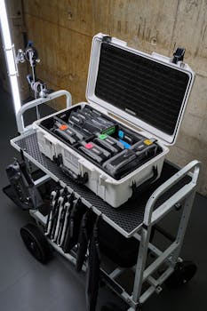 High-angle view of DSLR camera equipment organized in a hardcase on a wheeled trolley.