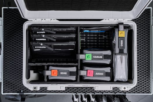 Top view of a crdbag hardcase with neatly organized camera, audio, and cable gear.