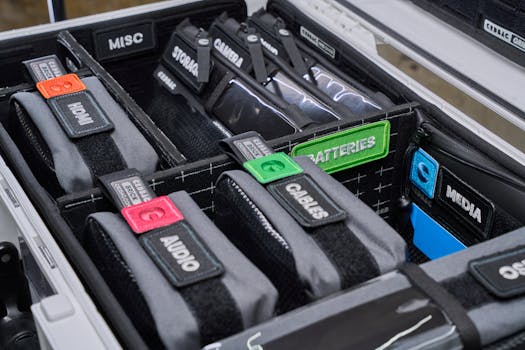 Organized storage solution for cables and media equipment with clear labels and color coding.