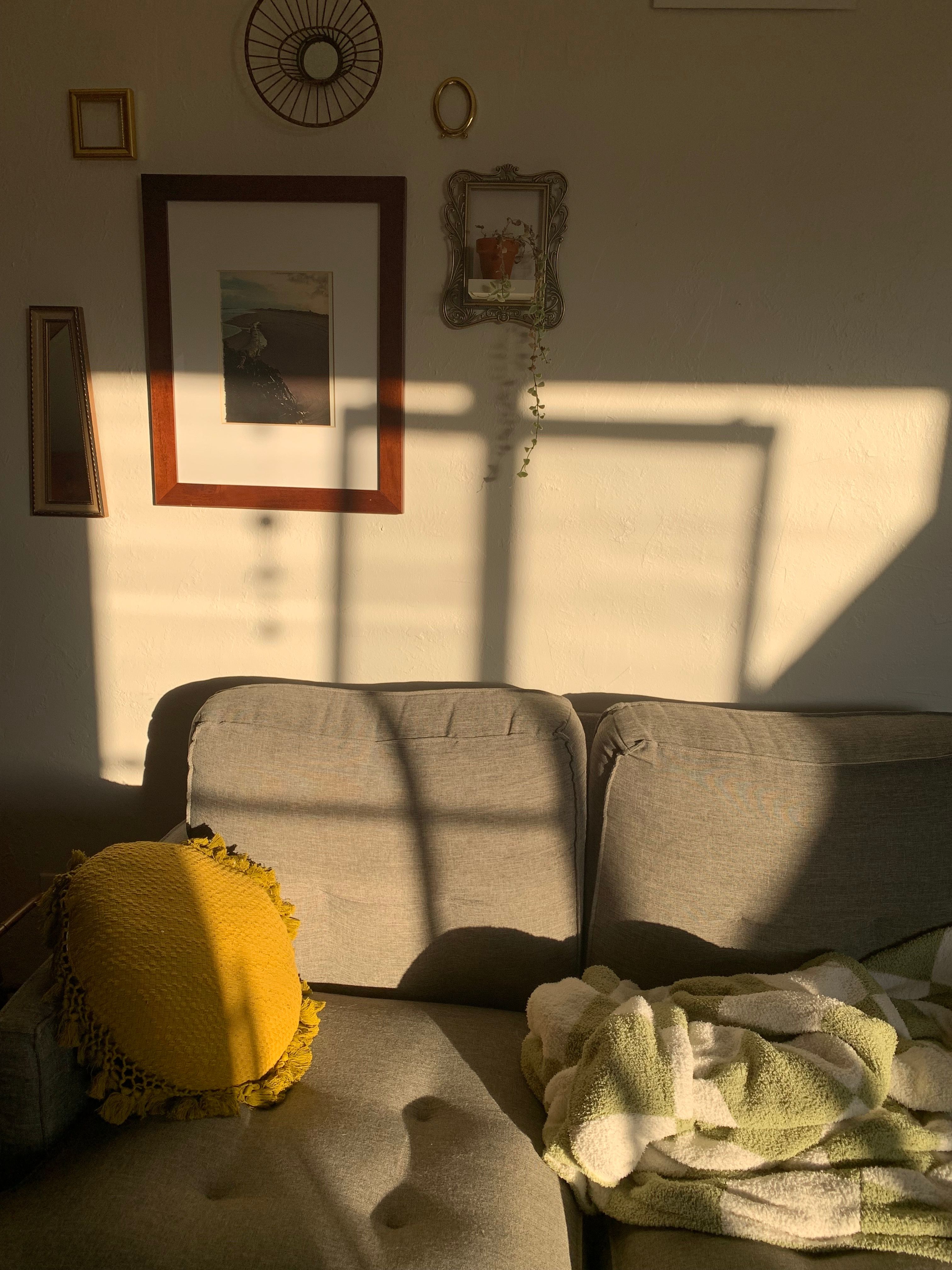 Warm sunlight casting shadows on a sofa in a stylish living room with wall art and decor.