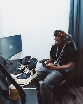 A young adult gaming enthusiast immersed in a game setup at home with headphones and a controller.