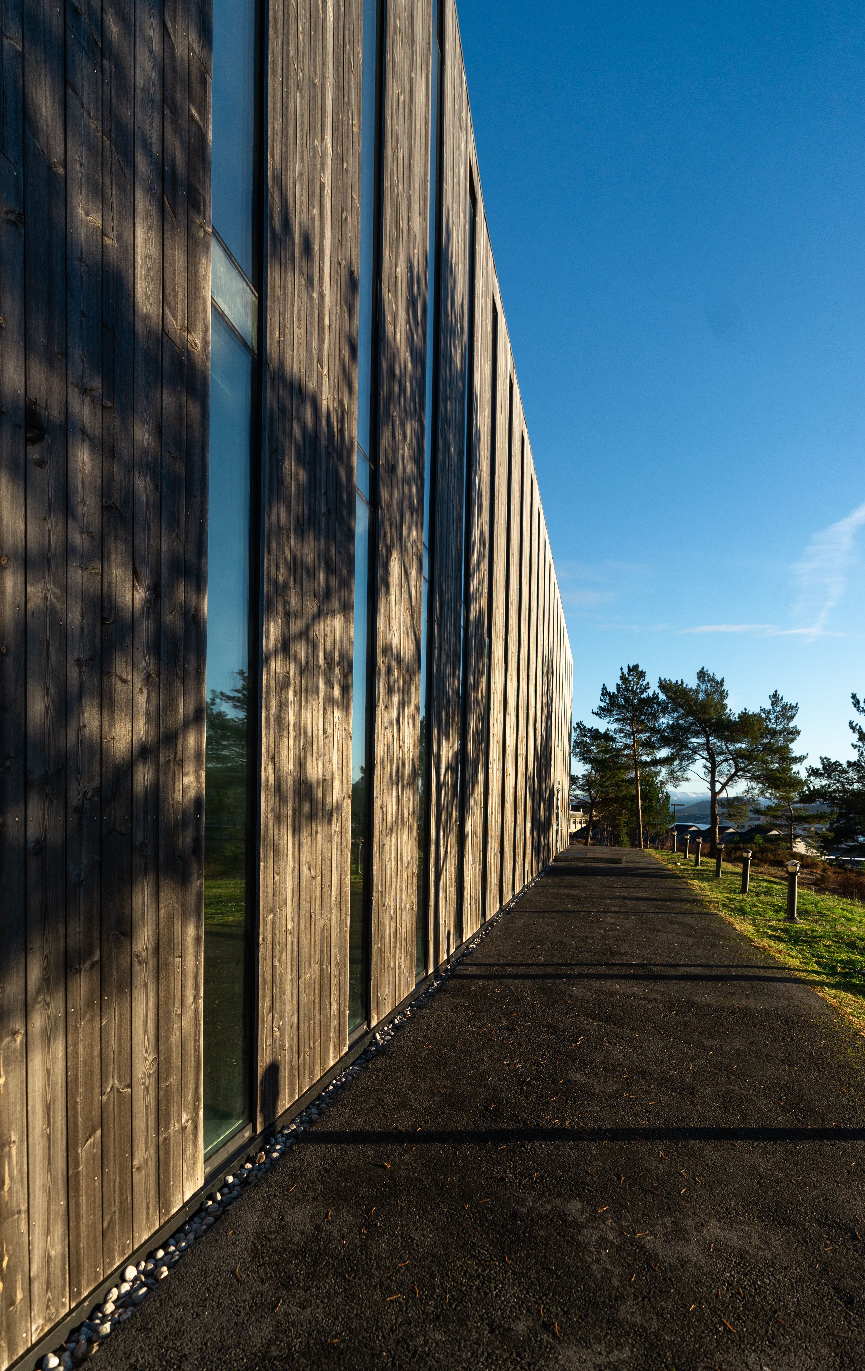 Contemporary wooden structure along a sunlit path with trees, clear skies.