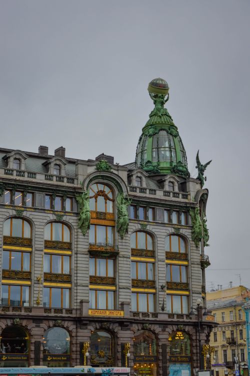 Free Art Nouveau Singer Building in Saint Petersburg, Russia, under a gloomy sky. Stock Photo