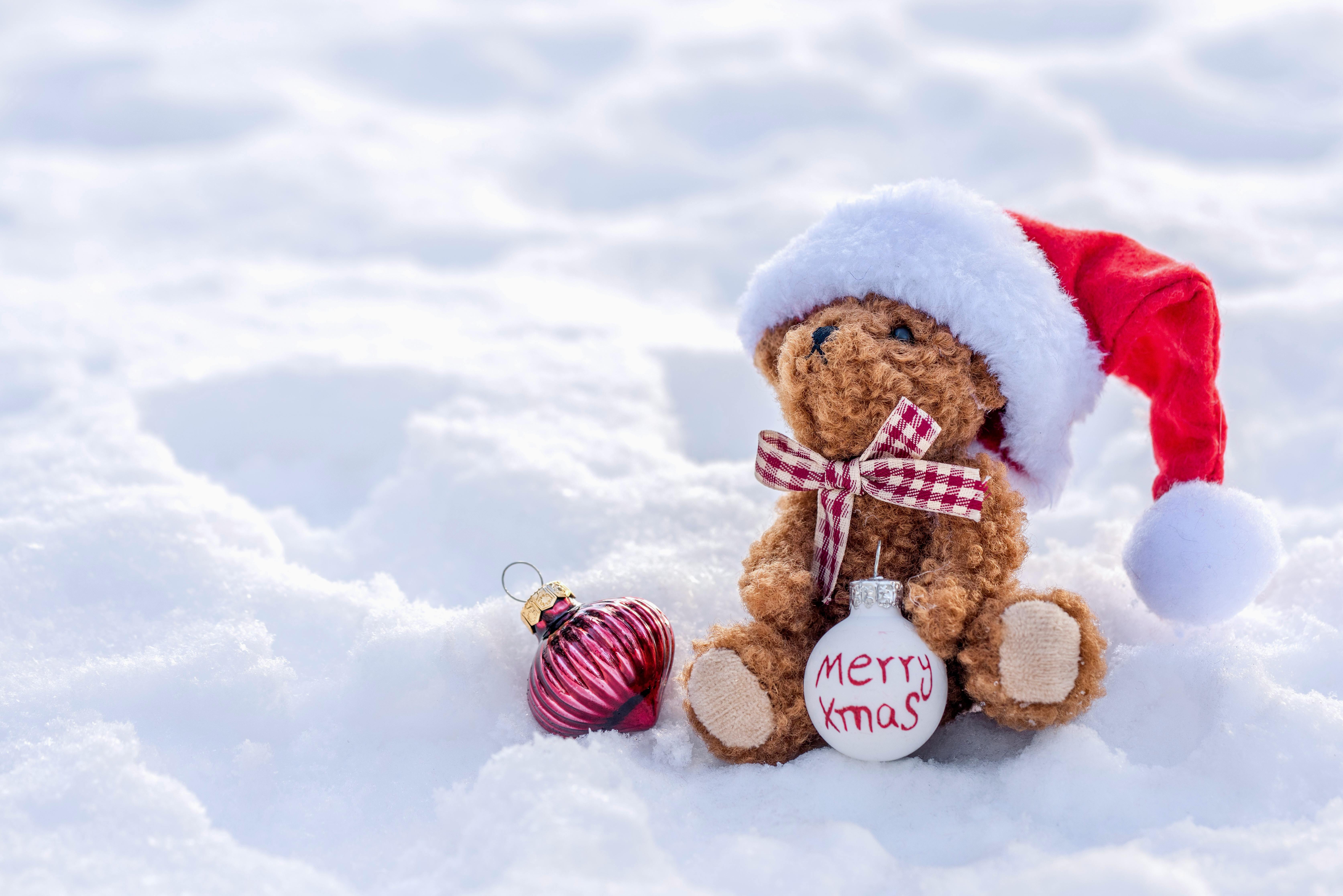 Cute teddy bear with Santa hat and Christmas ornaments in the snow, spreading festive cheer.