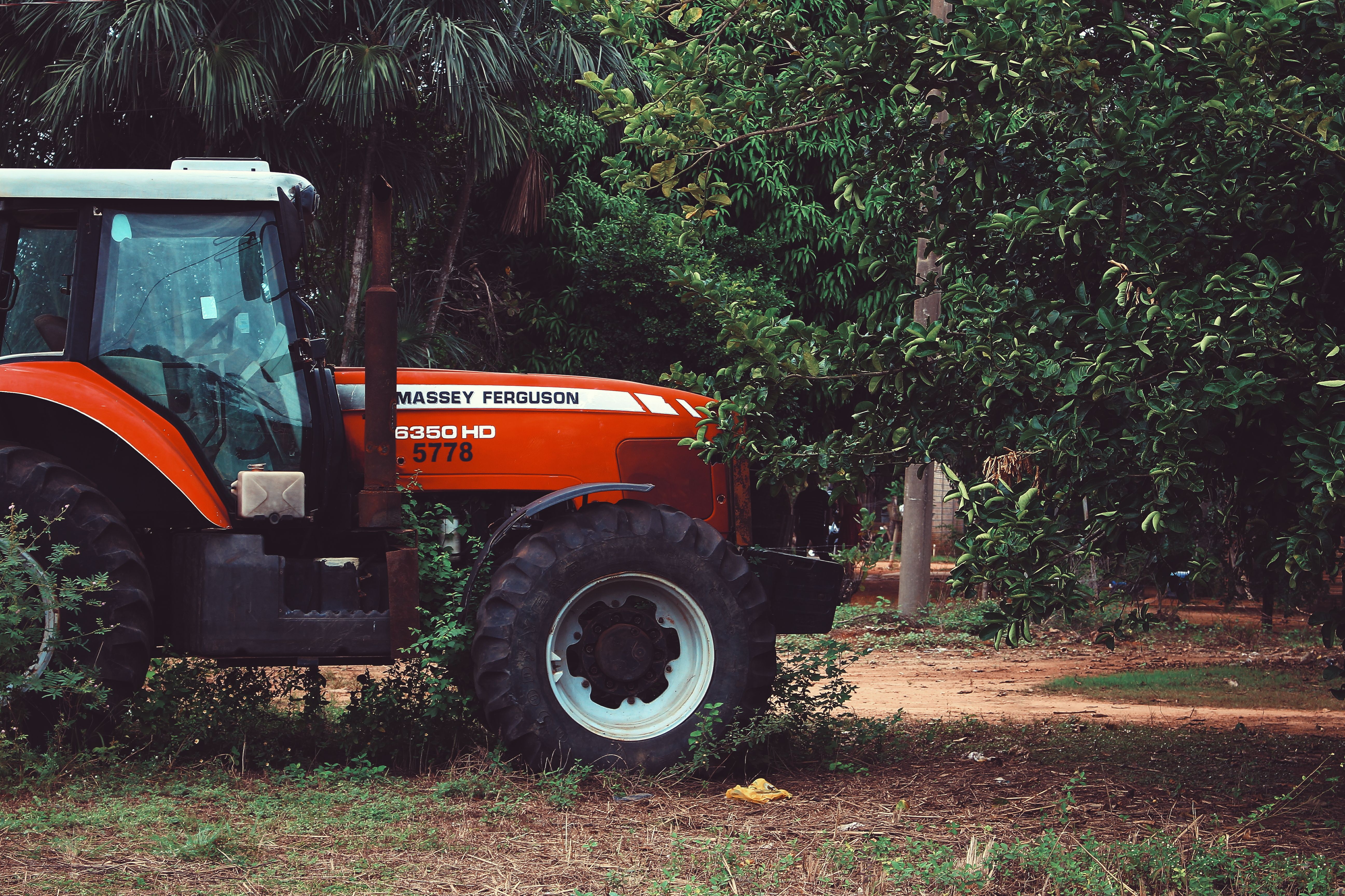 Massey Ferguson tractor with open hood being inspected on an Arkansas farm