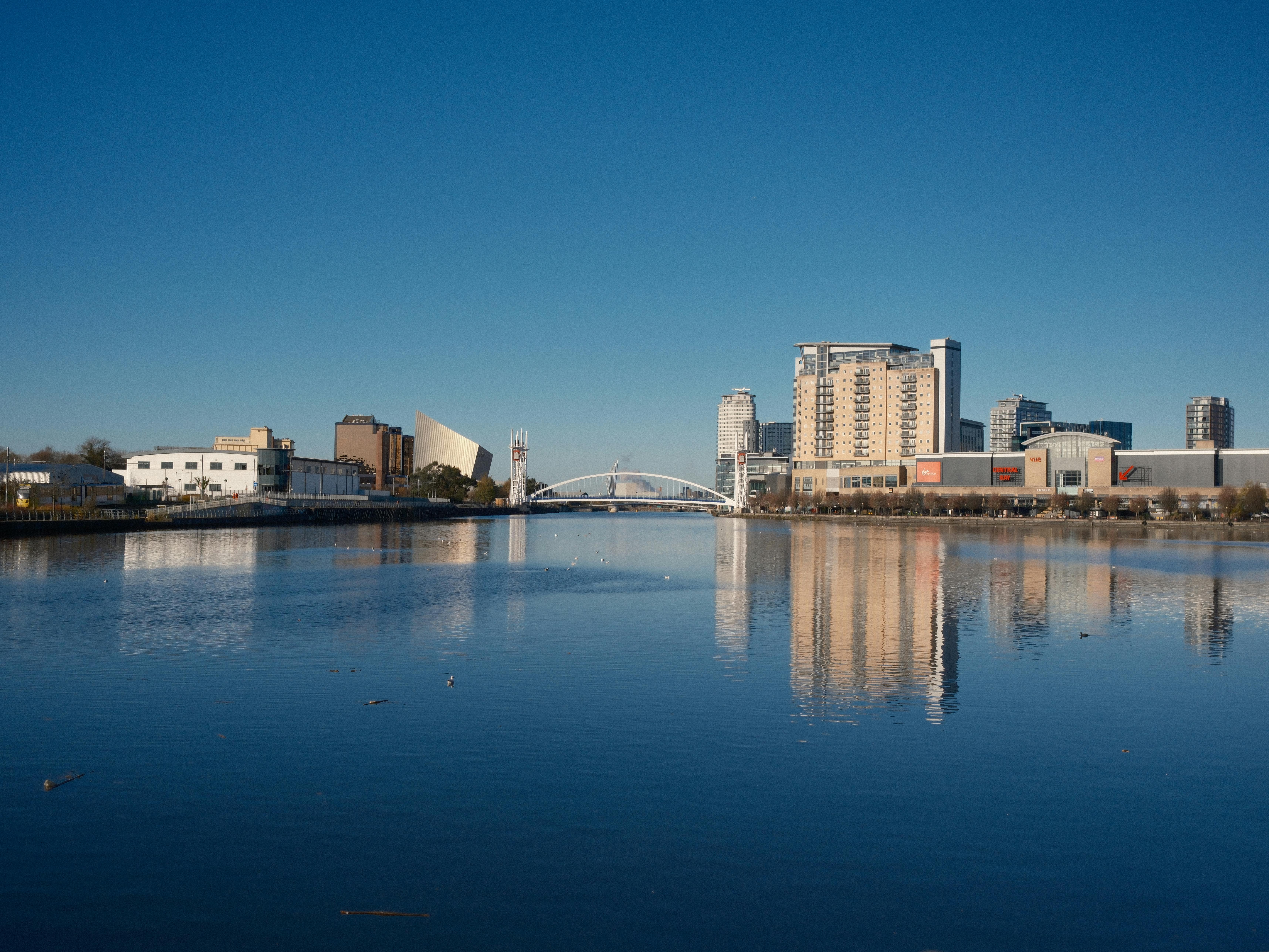 A modern city skyline and bridge reflected on calm water on a clear day.