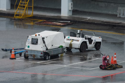 Airport equipment and vehicles parked on a rainy tarmac, including a tractor and cones.