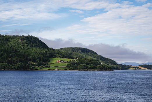 Breathtaking view of a lush green hillside by a Norwegian fjord under a partly cloudy sky.