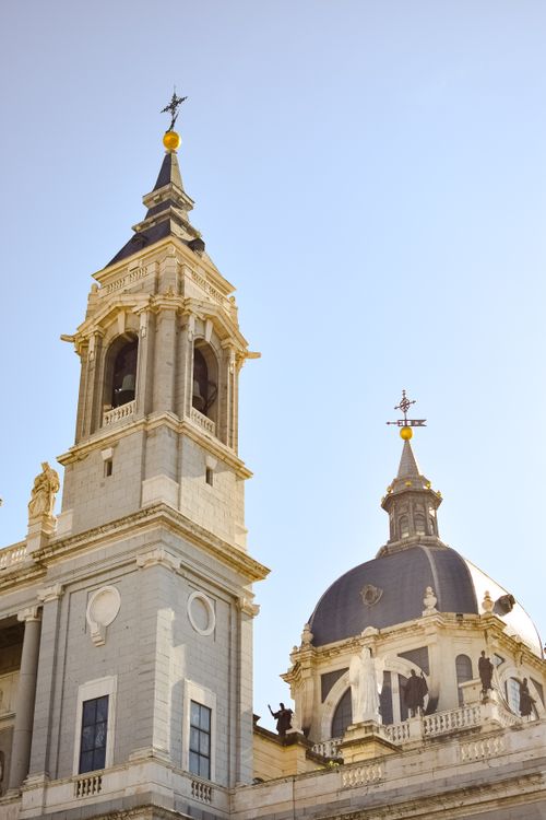 Free Stunning view of Almudena Cathedral's towers against a clear blue sky in Madrid, Spain. Stock Photo