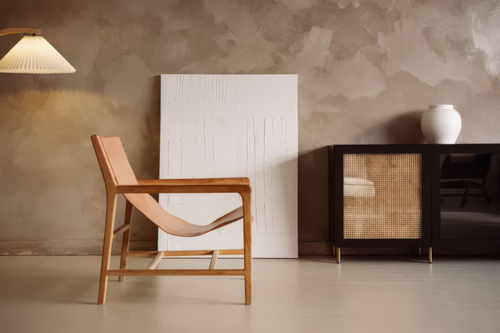 Free Stylish minimalist living room with wood furniture and textured walls in Montreal. Stock Photo