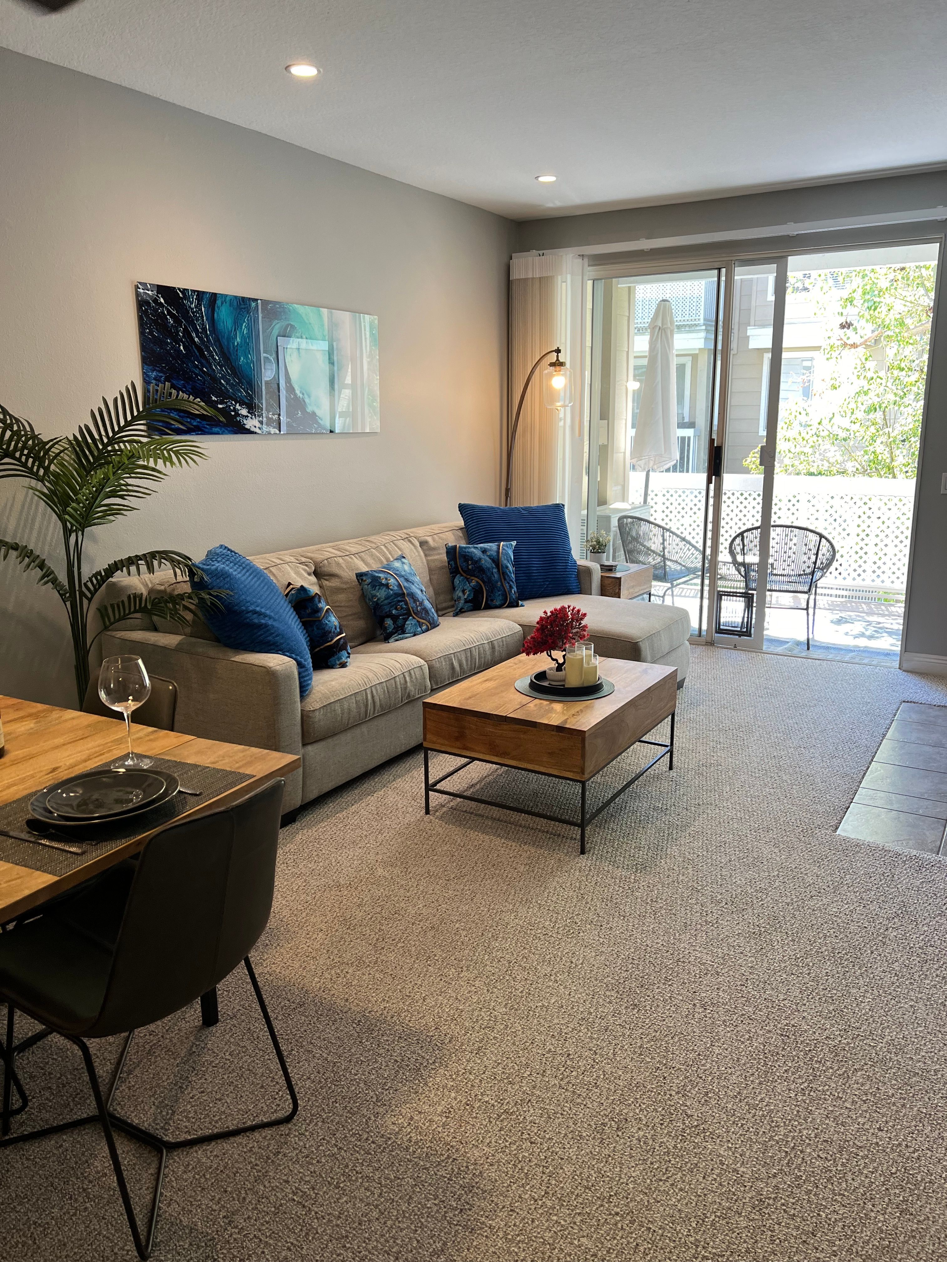 Modern living room with a patio view