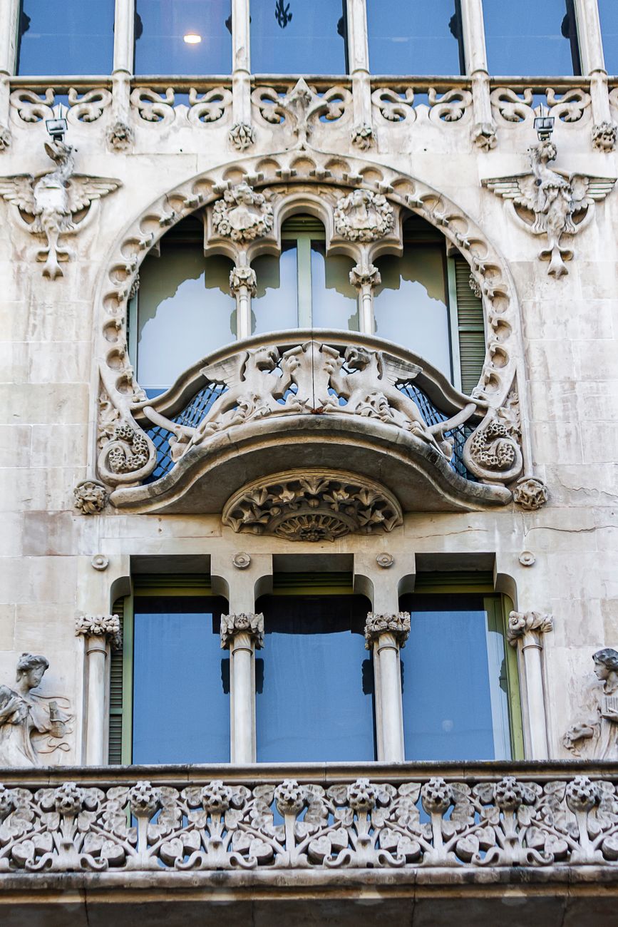 Intricate Art Nouveau balcony on a historic building in Barcelona, Spain.. intricate, nouveau, balcony