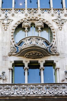 Intricate Art Nouveau balcony on a historic building in Barcelona, Spain.. intricate, nouveau, balcony
