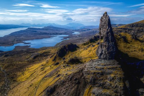 Free A breathtaking aerial view of the Old Man of Storr on Scotland's Isle of Skye, showcasing rugged landscapes and serene waters. Stock Photo