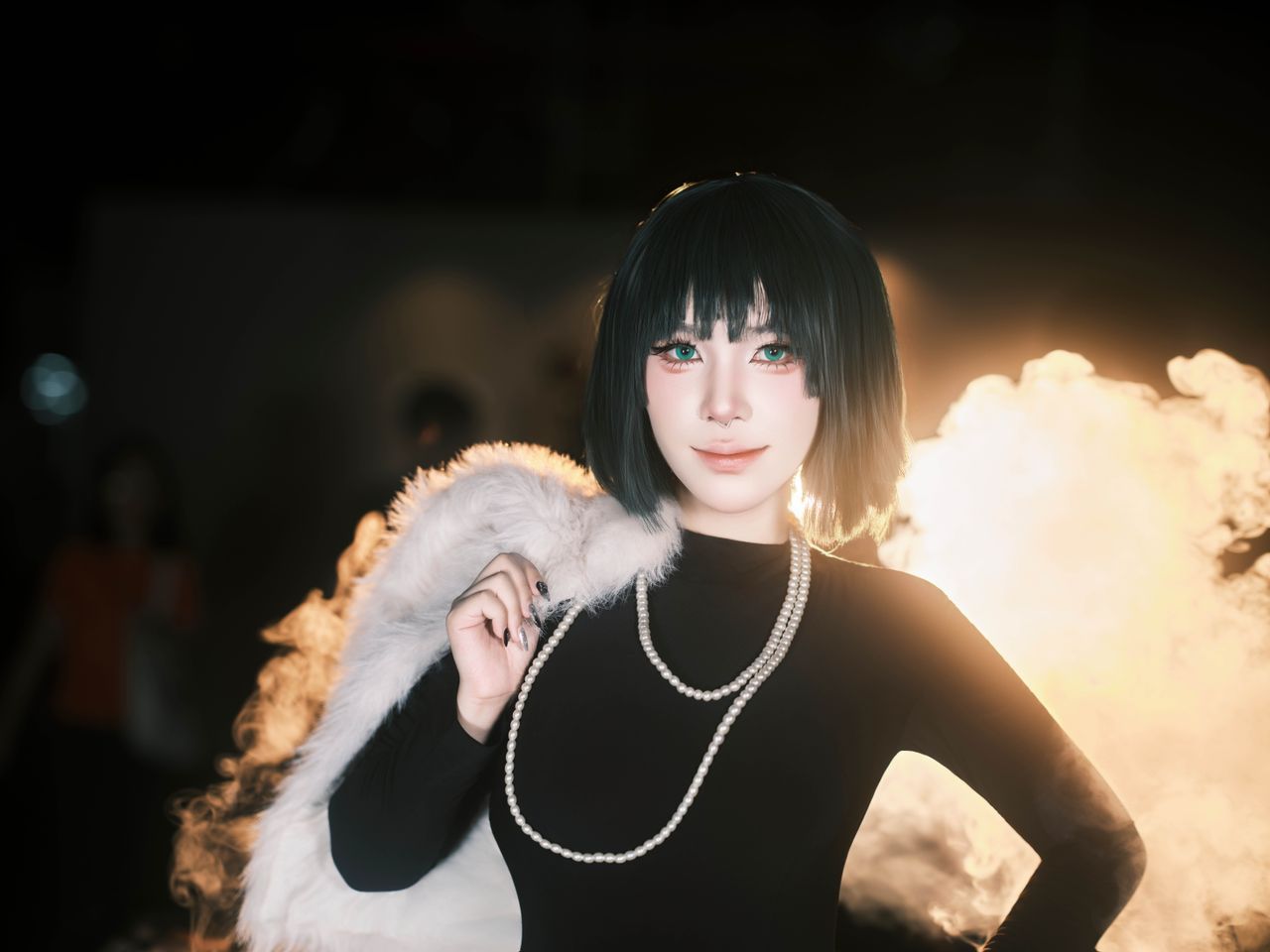 chic woman in a black dress fur stole and pearls radiates elegance aga