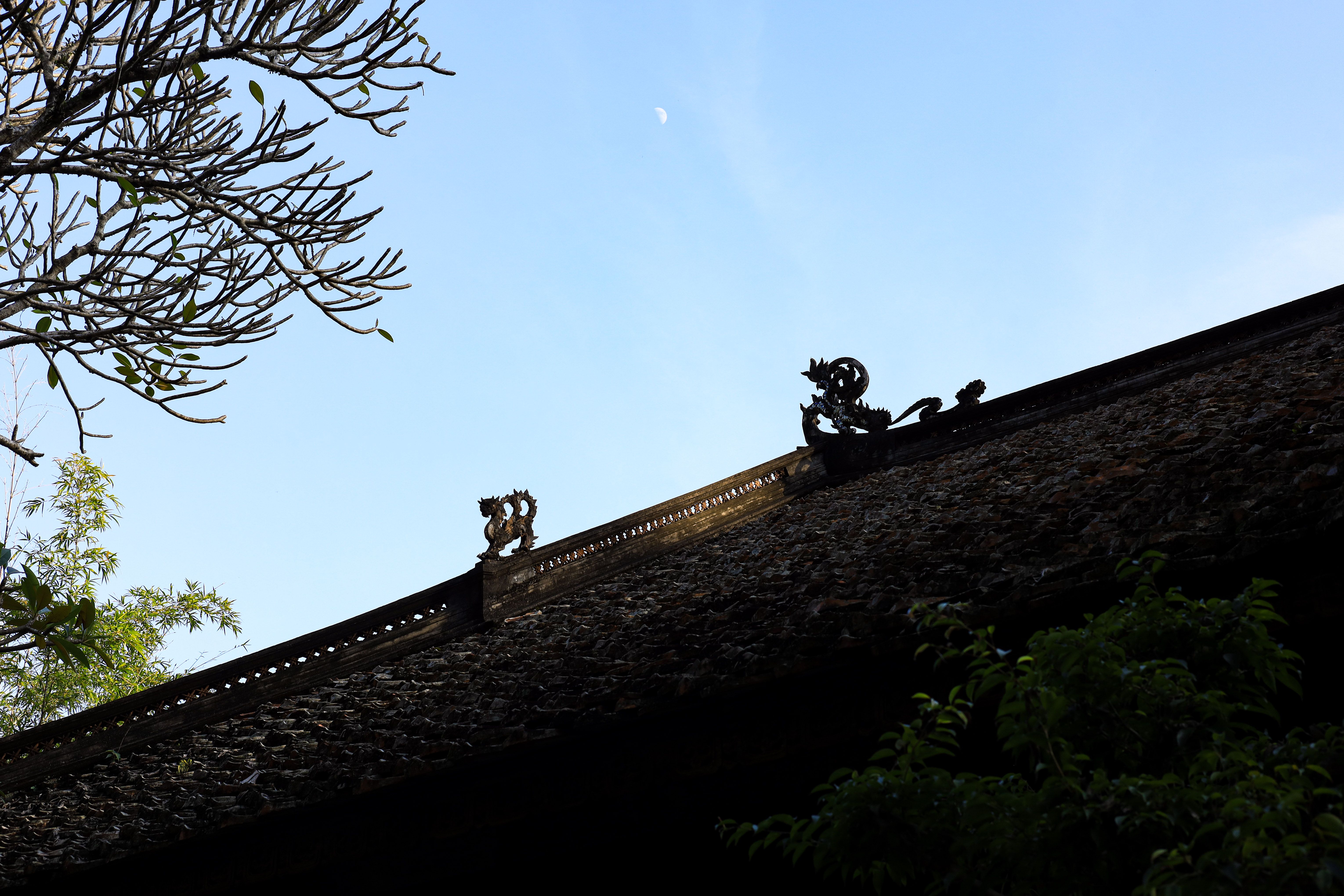 Close-up of a traditional Vietnamese roof with ornate designs against a clear sky in Hanoi.