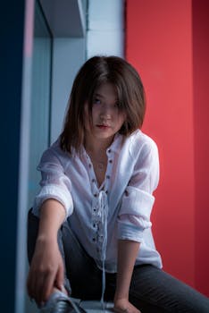 一位穿着休闲装的女性坐在室内，室内有现代风格的灯光