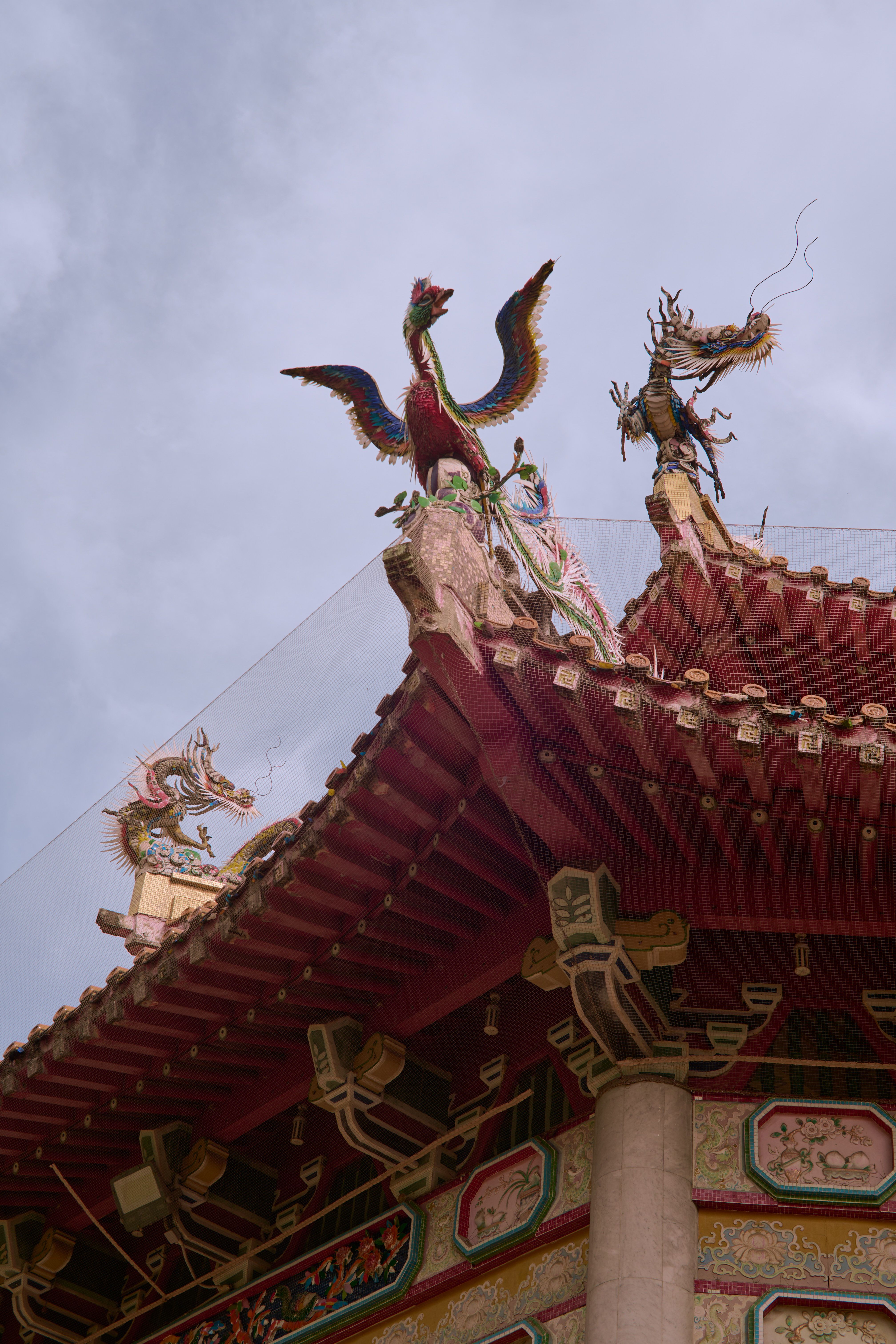 Intricate Chinese temple roof featuring vibrant dragons and mythical bird sculptures under a clear sky.