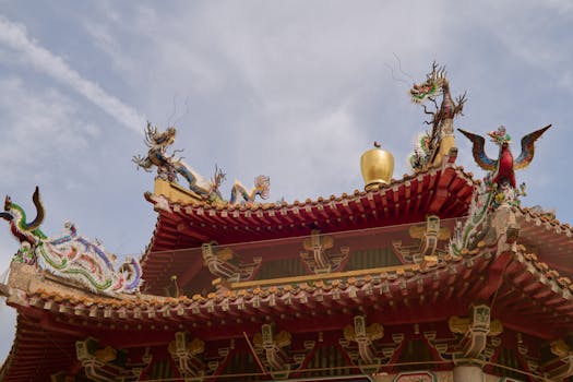 Vibrant red Chinese temple rooftop adorned with intricate dragon sculptures under a clear sky.