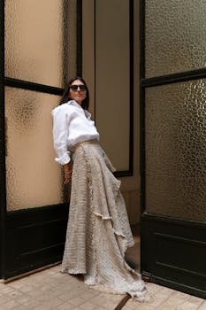 Stylish woman in long skirt and blouse standing by vintage doors.