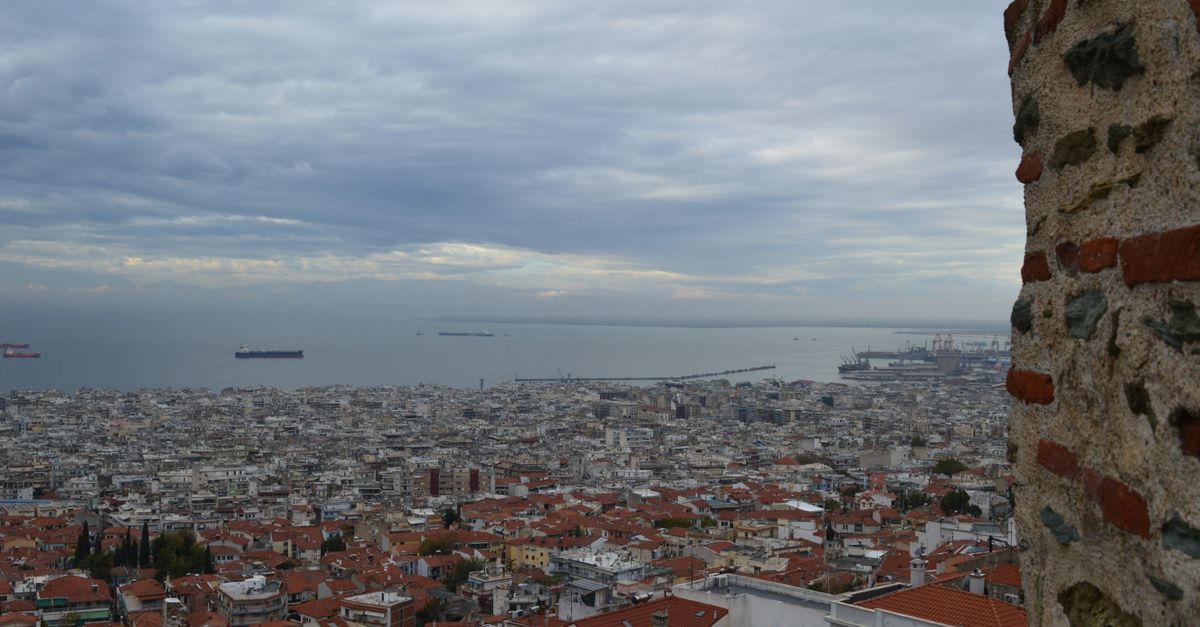 Thessaloniki White Tower waterfront promenade Greece sunset
