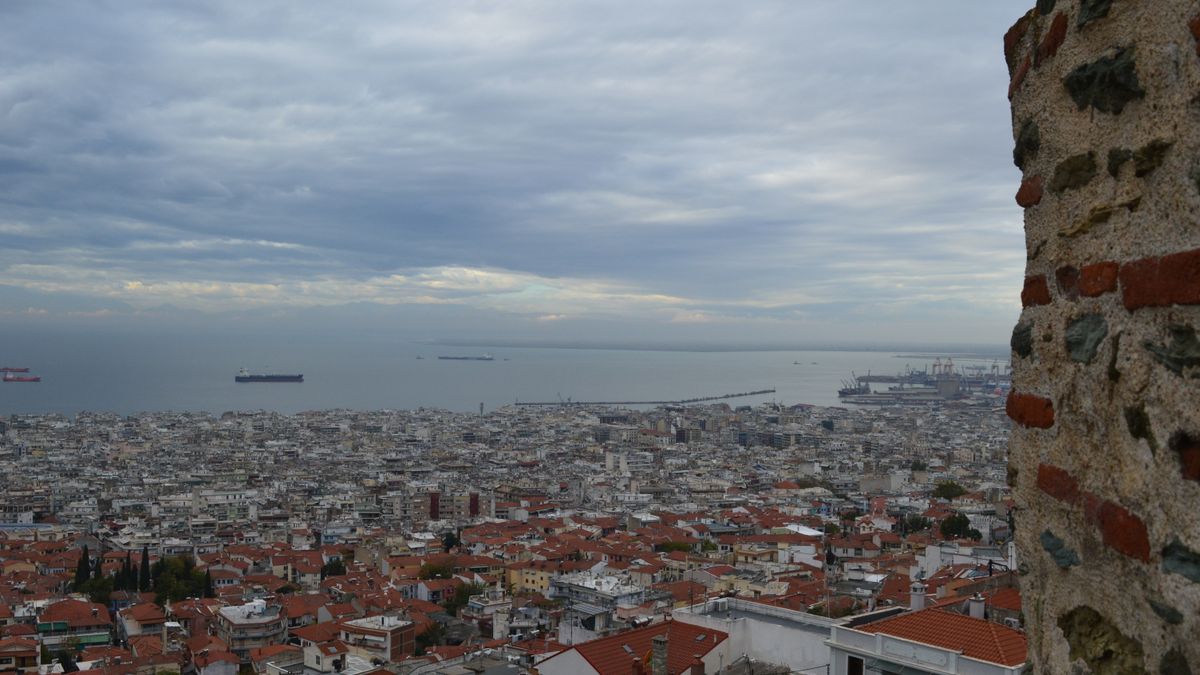 View over Thessaloniki and the port from the historic Byzantine walls above the city