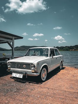Classic white car parked by a serene lake under a bright, clear sky.