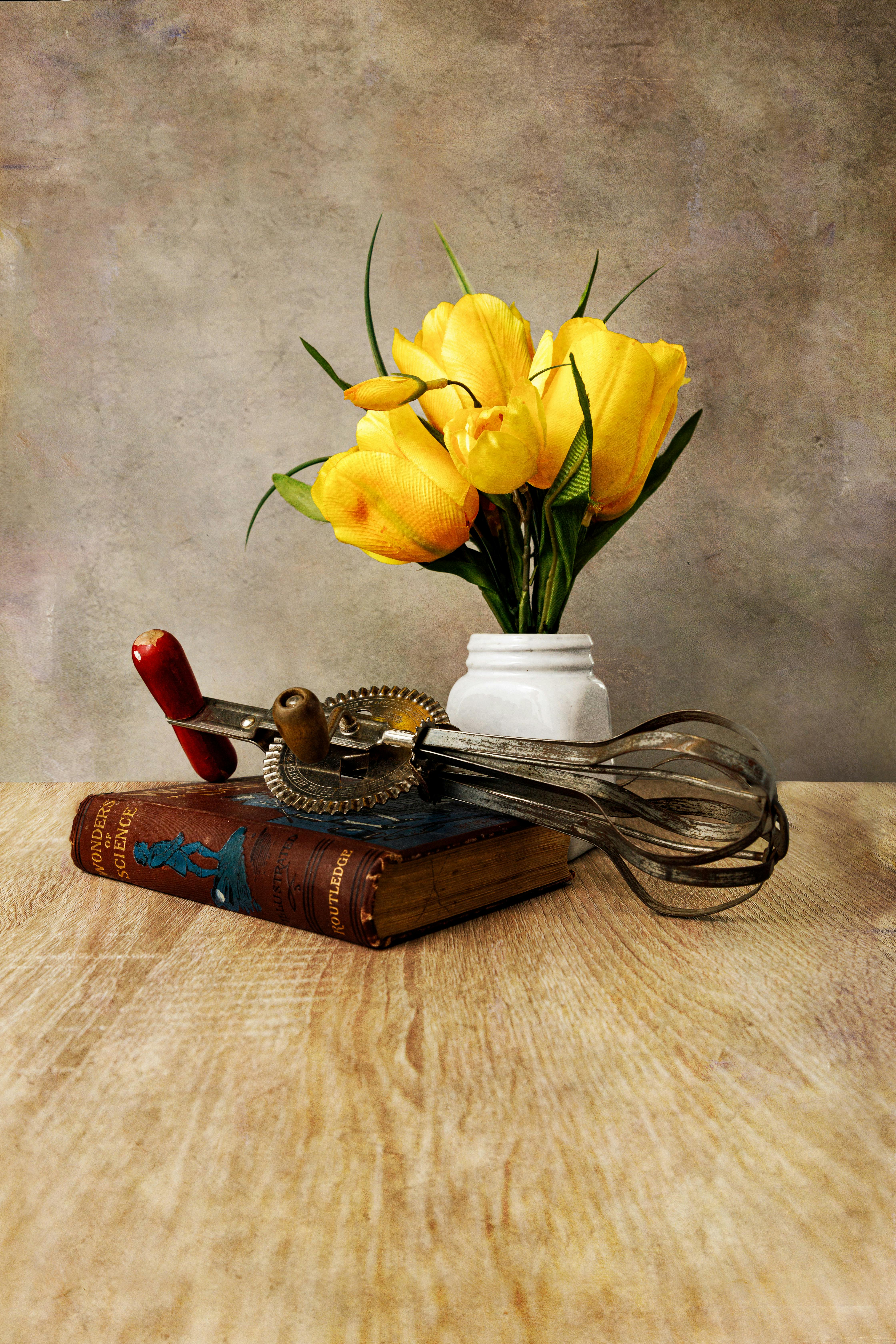 De franc Una natura morta vintage de tulipes grogues en un gerro amb un llibre antic i una batedora de mà. Foto d'estoc