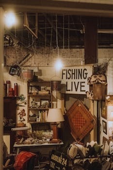 Cozy antique shop interior full of vintage items and decor, evoking a nostalgic atmosphere.