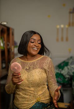 Smiling woman in elegant dress holding a fan indoors, exuding happiness and joy.